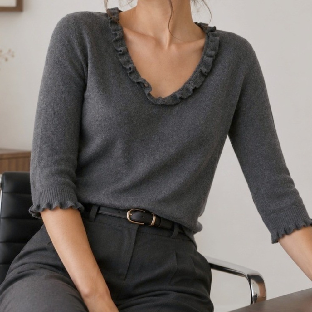American Living Sweater‎ Ruffle Medium Gray Academia Work Minimalist Elevated